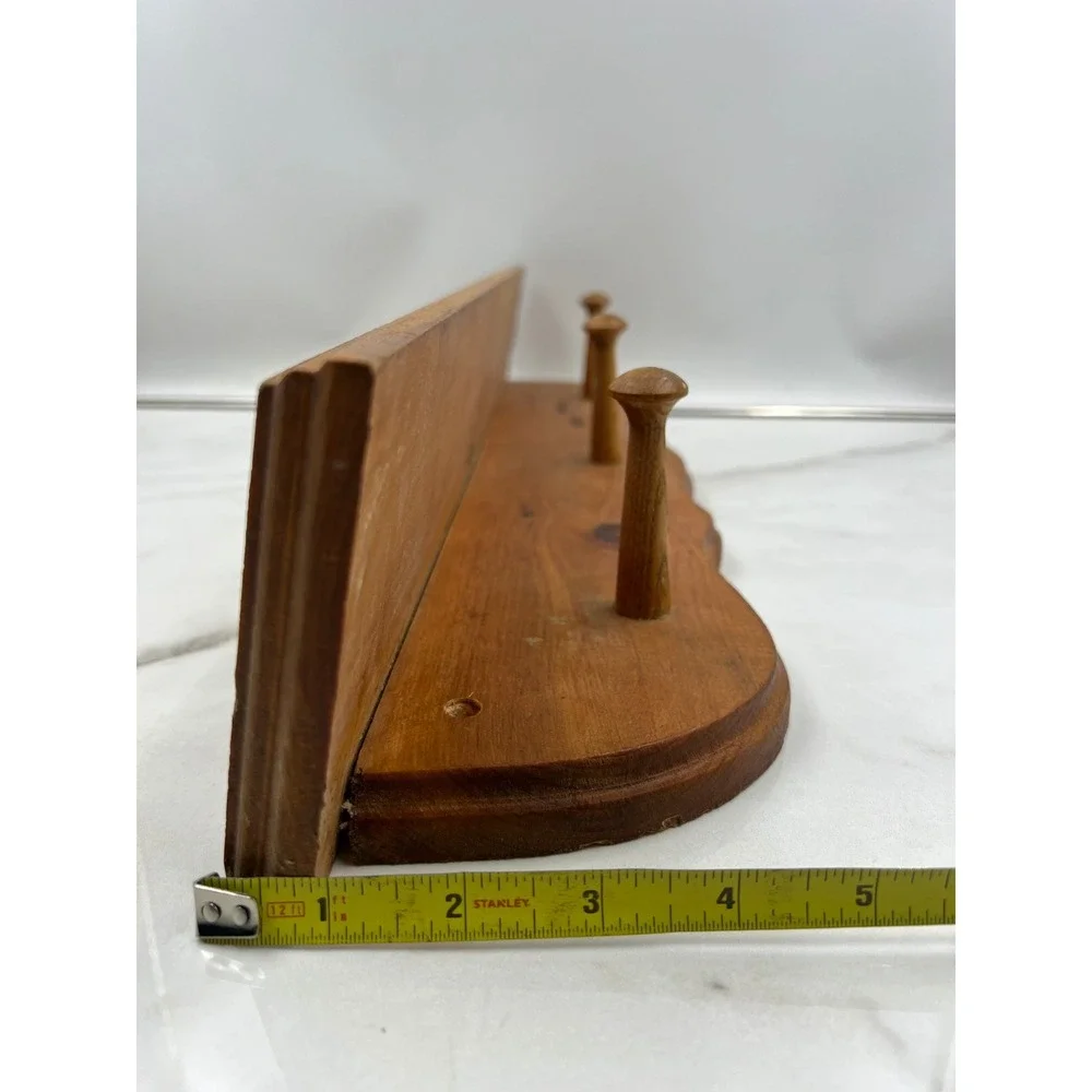 Vintage Pine Wood Wall Shelf with 3 Pegs Scalloped Edge 24 Inch Made in USA